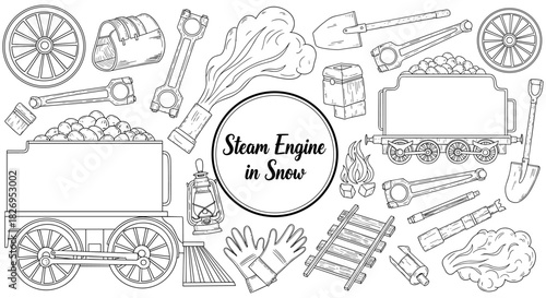 Vintage steam engine elements in snow with coal and tools in monochrome drawing style