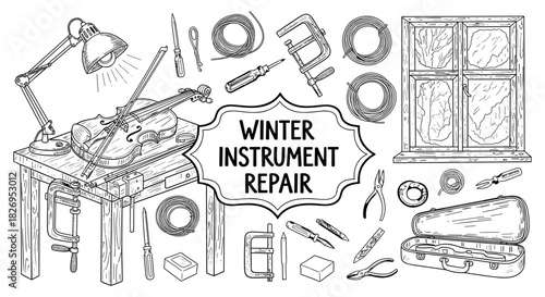Winter instrument repair workshop with violin and tools in black and white sketch