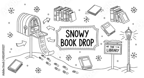 Winter library book return drop box with snow and lamp post - black and white doodle design