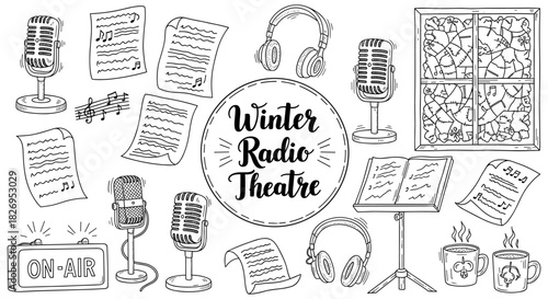 Winter radio theatre doodle: microphones, music notes, cozy elements