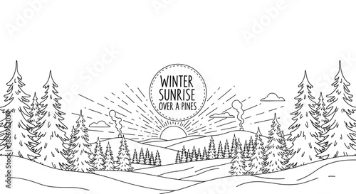 Winter sunrise over snowy pine landscape with vintage style line art