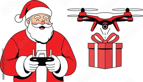 Santa Claus operating drone delivering red gift box