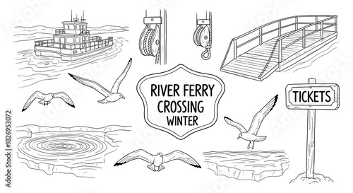 River ferry crossing in winter with birds and surroundings in linear style