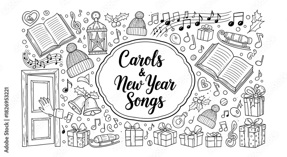 Fototapeta premium Festive doodle design of christmas and holiday music elements