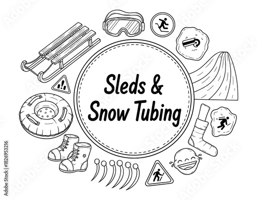 Winter fun with sleds and snow tubing adventure in black and white outline