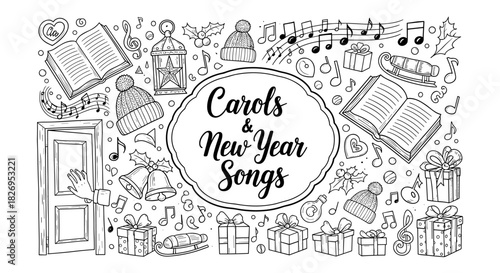 Festive doodle design of christmas and holiday music elements