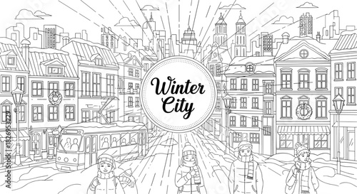 Winter city scene with streetcar and people in linear urban landscape