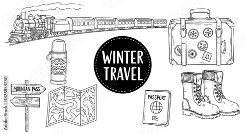 Winter travel essentials: line art journey with train, boots, and suitcase