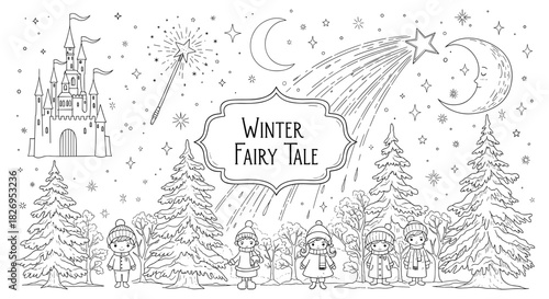 Magical winter scene with children, trees, shooting star, fairy tale castle and snowflakes