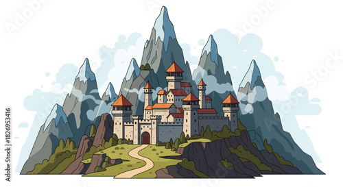 Medieval castle in the mountains with red rooftops and tower spires amidst majestic peaks