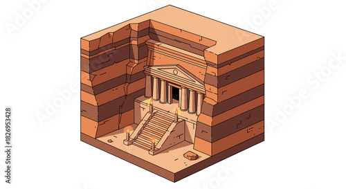 Ancient temple facade in desert canyon isometric art with stone steps and columns