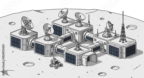 Futuristic moon base with communication dishes and rover in monochrome design