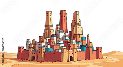 Ancient desert cityscape with sandstone towers and colorful rooftops
