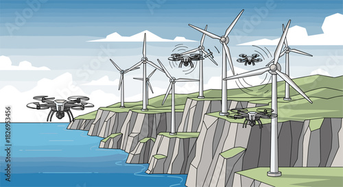Drones and wind turbines on coastal cliff under blue sky