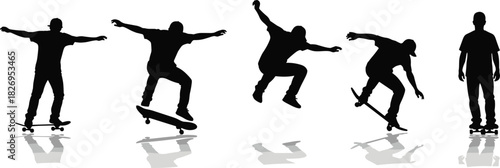 Silhouette, skateboard trick sequence, ollie motion, jump progression, dynamic pose, reflection effect, athletic gesture, skateboarding form, action study, black figure