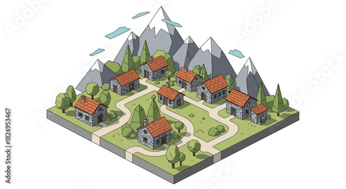 Isometric village landscape with mountains and houses