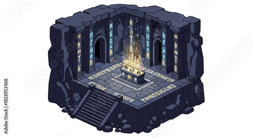 Isometric ancient rune chamber with glowing artifact in mysterious cave setting