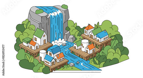 Isometric village scene with waterfall and wooden houses in nature