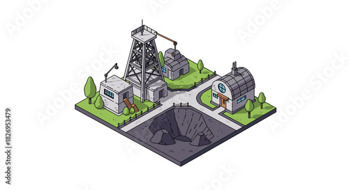 Isometric mining facility with industrial structures and machinery