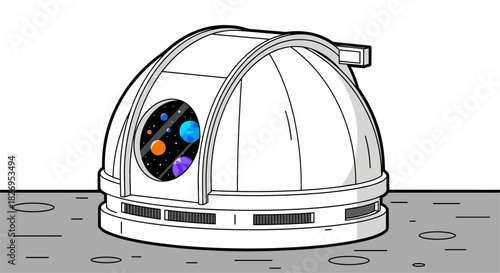 Observatory dome with cosmic view in modern outline style