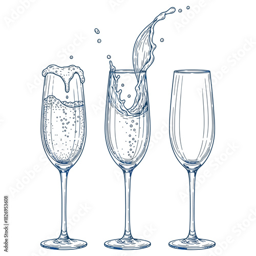 Minimalist hand-drawn blue ink illustration of three champagne glasses with effervescent liquid and dynamic splash on white background
