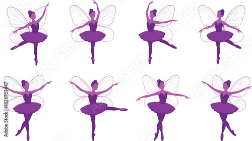Ballerina fairy illustration, purple tutu, ballet poses, graceful movement, fantasy wings, dance elegance, magical character, artistic expression, whimsical design