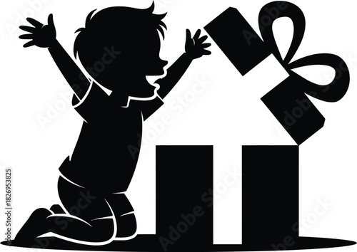 Silhouette child excitedly opening gift box with arms raised
