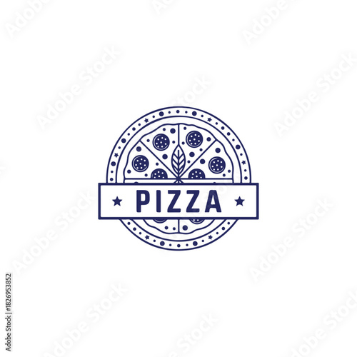 Pizza logo design with a slice and text in a circular frame