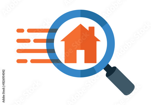 A magnifying glass zooms in on a stylized orange house with motion lines.