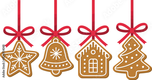Four Christmas gingerbread cookies hanging with red ribbons