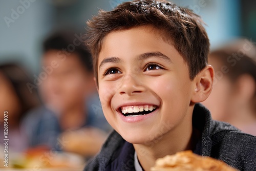 A happy boy enjoys his school meal, capturing a genuine moment of friendship and innocence in the cafeteria.
