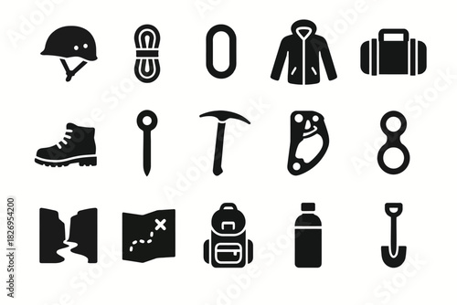 Outdoor adventure icons: essential equipment for hiking and climbing