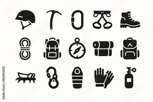 Essential mountaineering equipment icons: helmets, axes, boots, backpacks, and more