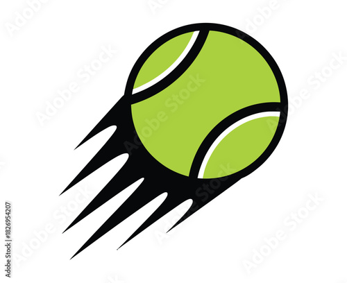 A bright green tennis ball with black streaks indicating fast motion against a white background.
