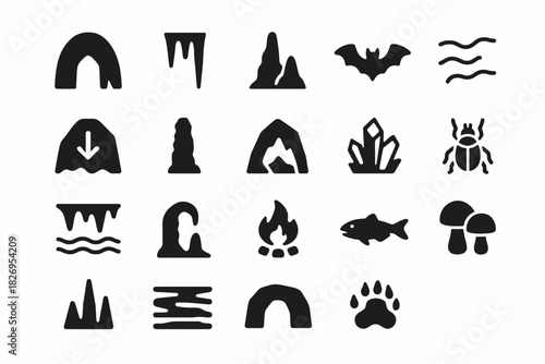 Black icon set: cave elements and wildlife symbols