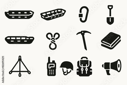 Collection of outdoor adventure icons: boats, climbing gear, books, and communication tools