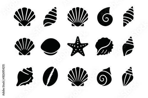 Collection of various seashell and starfish silhouettes in black and white