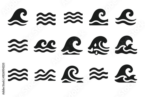 Set of various black wave and waterline icons in flat style