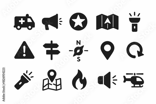 Emergency and navigation icons: ambulance, megaphone, location, flashlight, map, helicopter