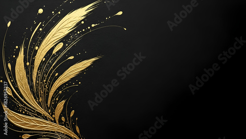 Golden abstract floral flourish on black background