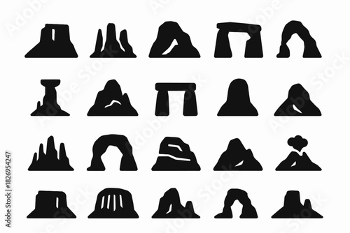 Collection of iconic rock formation silhouettes in black