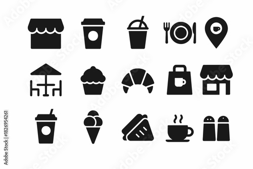 Cafe and bakery icons set: coffee, pastry, dining illustrations