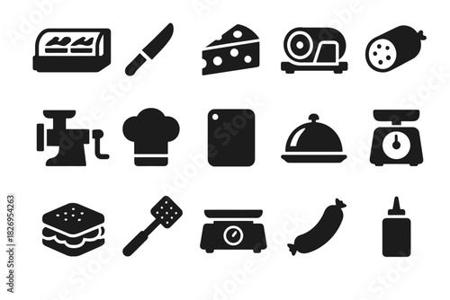 Black and white kitchen appliance and food icons collection