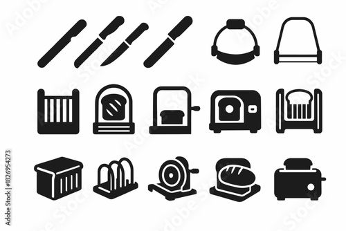 Bread and pastry preparation kitchen utensils icon set