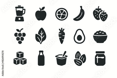 Assorted food and drink icons featuring fruits vegetables and beverages