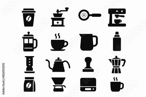 Coffee equipment icons including grinder, espresso machine, and french press