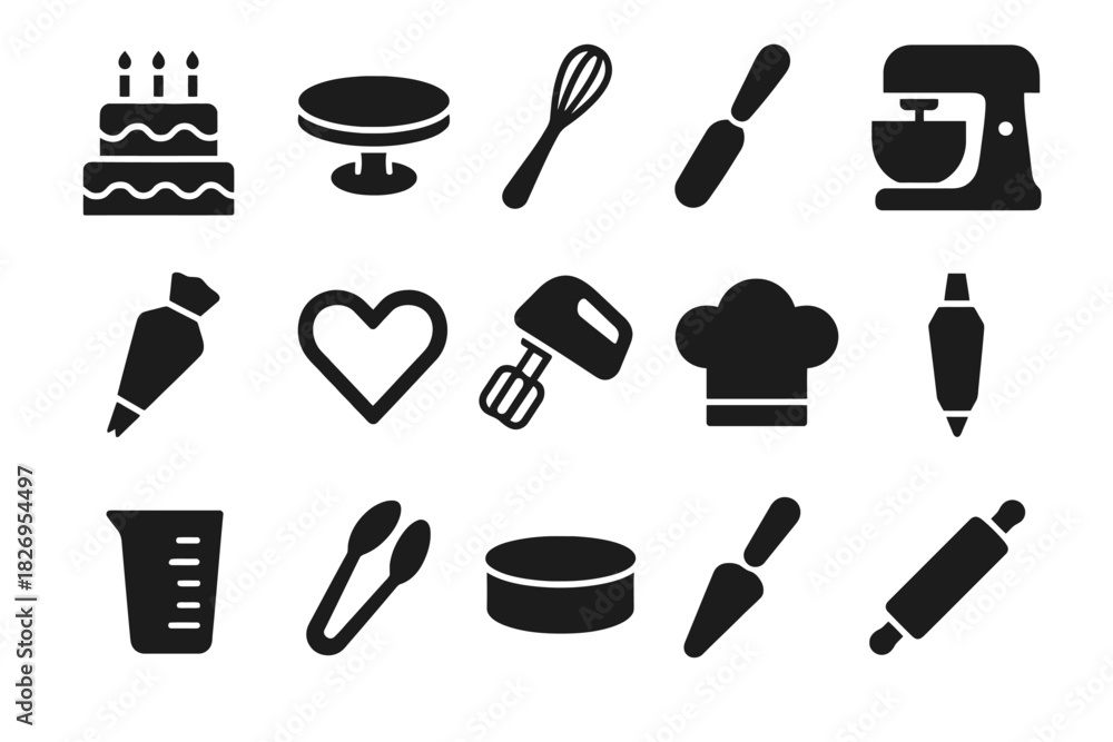 Obraz premium Baking utensil icons: mixer, cake, whisk, chef hat, measuring cup, rolling pin