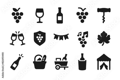 Wine-themed icons set with grapes, bottles, and party elements