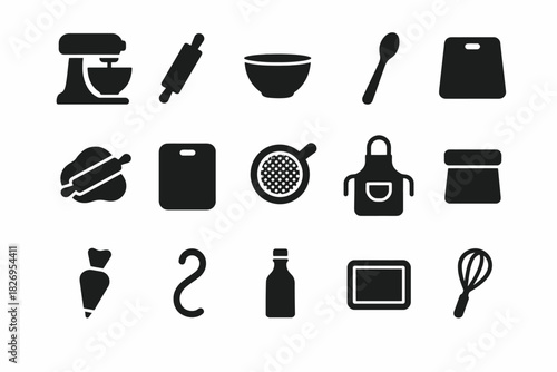 Set of black kitchen utensil icons including mixer, rolling pin, bowl, and whisk