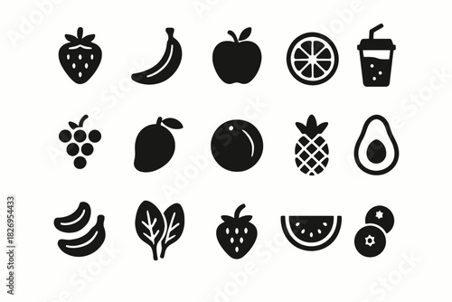 Set of 16 black fruit and beverage icons in simple silhouette style